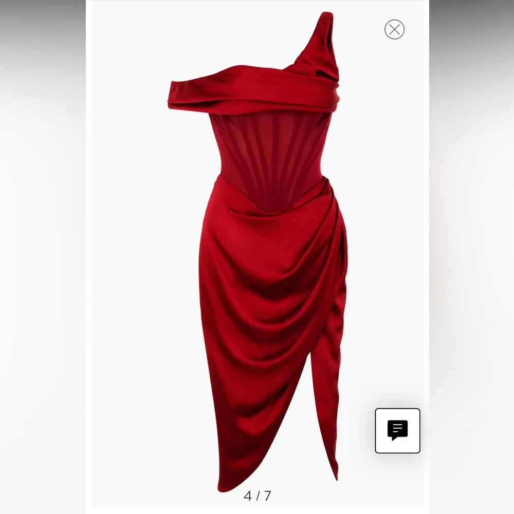 House of CB Lulu red dress- Red asymmetric draped corset midi satin dress - Picture 11 of 14